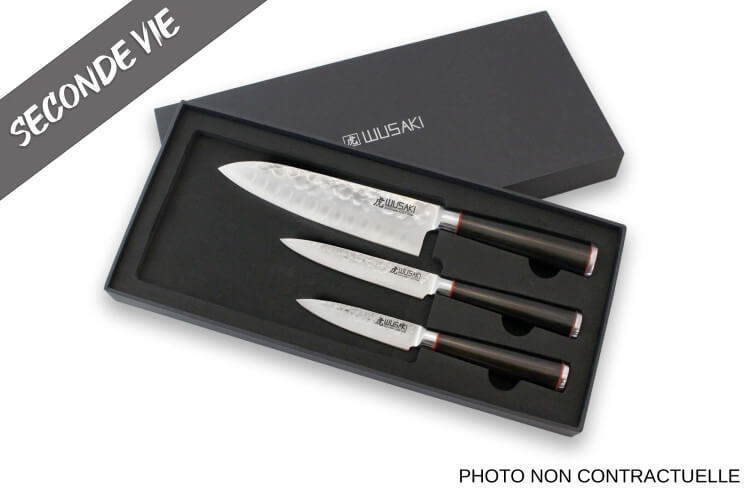 Coffret 3 couteaux Wusaki Ebony AUS8 ébène Santoku + Universel + Office - Reconditionné