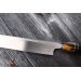 Couteau sakimaru takohiki japonais artisanal Naoki Mazaki Damascus biseauté 27cm corne claire