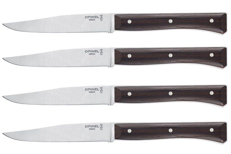 Coffret 4 couteaux de table Opinel Facette manche fr&ecirc;ne sombre lame 11cm inox lisse