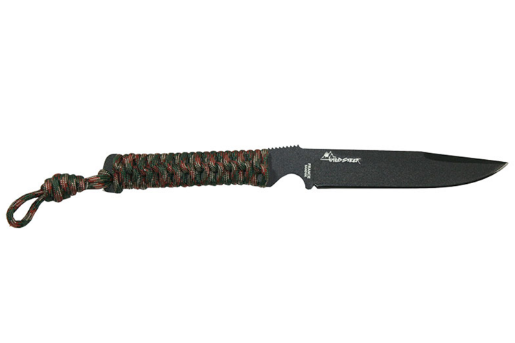 Couteau Wildsteer Wild Tech4 XL WT4XL3116 lame noire 11,5cm manche paracorde Woodland Camo + &eacute;tui en POM