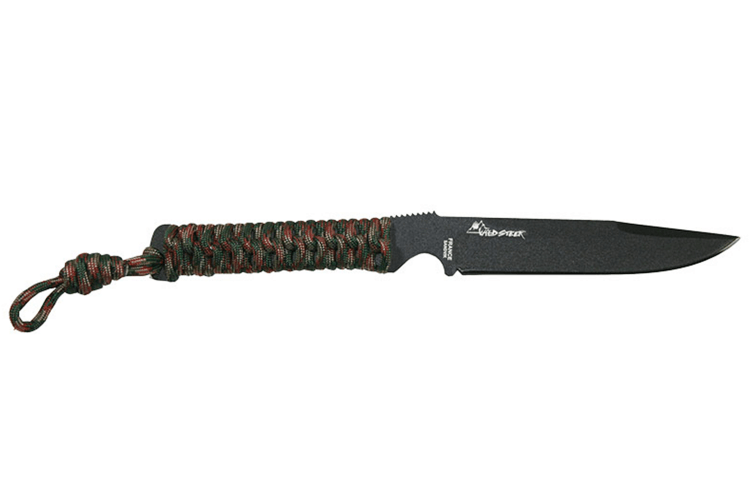 Couteau Wildsteer Wild Tech4 XL WT4XL3116 lame noire 11,5cm manche paracorde Woodland Camo + étui en POM