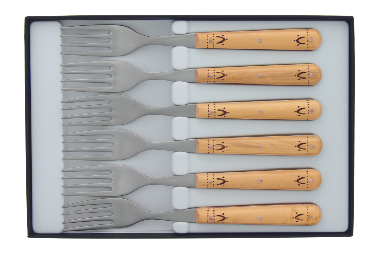 Coffret 6 fourchettes de table Nontron 87601 manche buis pyrograv&eacute; 10cm 