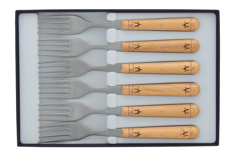 Coffret 6 fourchettes de table Nontron 87601 manche buis pyrogravé 10cm 