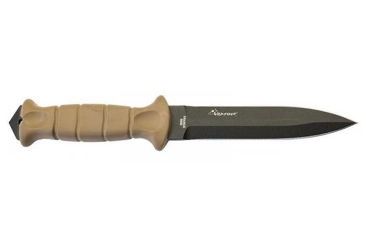 Couteau Wildsteer SAS SAS3115 lame noire double tranchant 13,7cm manche tactipr&egrave;ne Coyote avec brise-vitre + &eacute;tui en POM/nylon