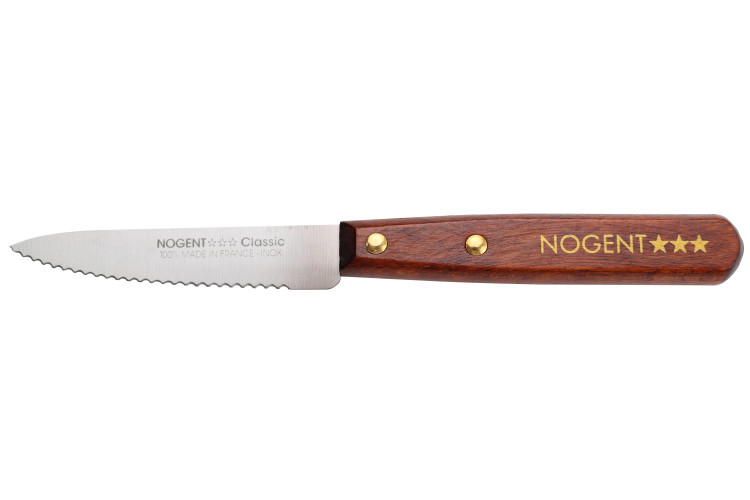 Couteau d'office Nogent Classic en bois de charme teinte merisier lame crant&eacute;e 9cm