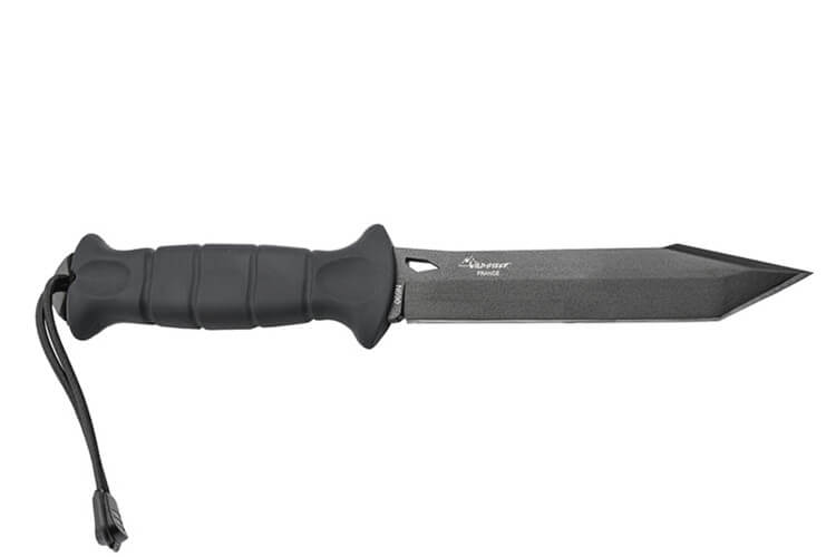 Couteau Wildsteer Sherkan SHE3113 lame noire tanto 13,5cm manche tactiprène noir + étui en POM/nylon