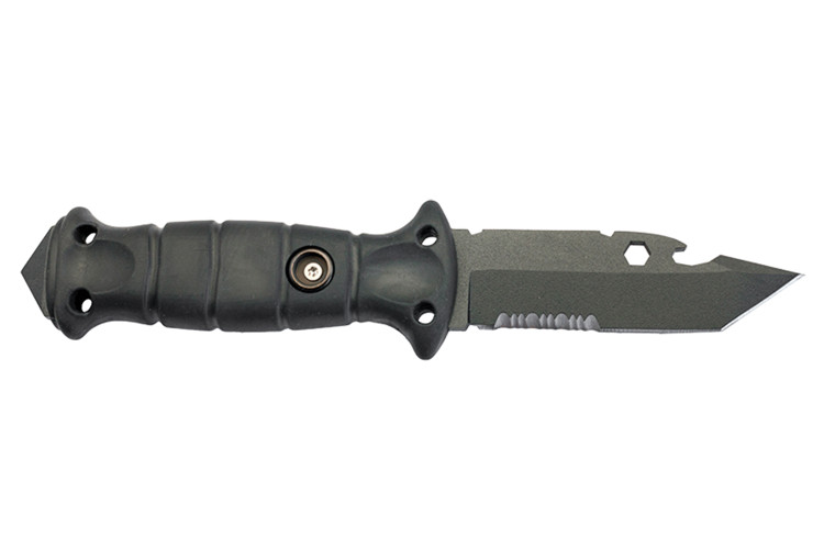 Couteau Wildsteer Spike SPI3213 lame tanto semi-dent&eacute;e 9,5cm manche tactipr&egrave;ne noir + pommeau brise-vitre + &eacute;tui nylon