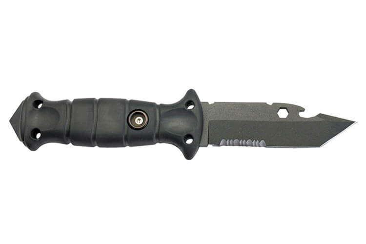 Couteau Wildsteer Spike SPI3213 lame tanto semi-dentée 9,5cm manche tactiprène noir + pommeau brise-vitre + étui nylon
