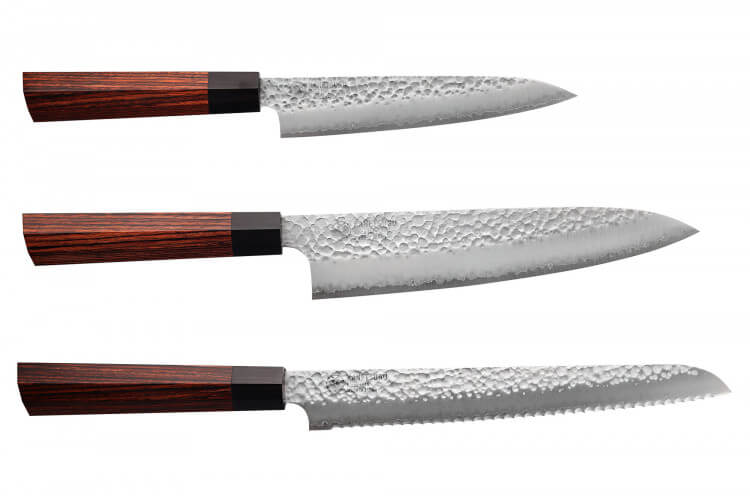 Coffret de 3 couteaux japonais Kanetsugu Heptagon Uto universel, chef et pain