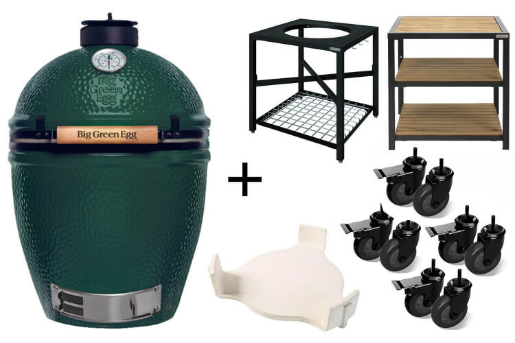 Pack Big Green Egg Large barbecue + convEGGtor + table modulaire + meuble d'extension + 8 roulettes