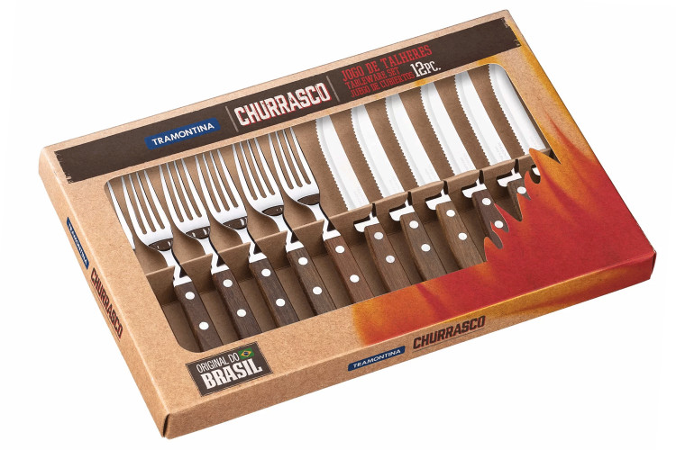 Coffret de 6 couteaux &agrave; steak lame crant&eacute;e + 6 fourchettes Tramontina