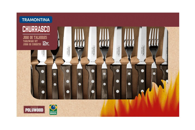 Coffret de 6 couteaux &agrave; steak lame crant&eacute;e + 6 fourchettes Tramontina Jumbo