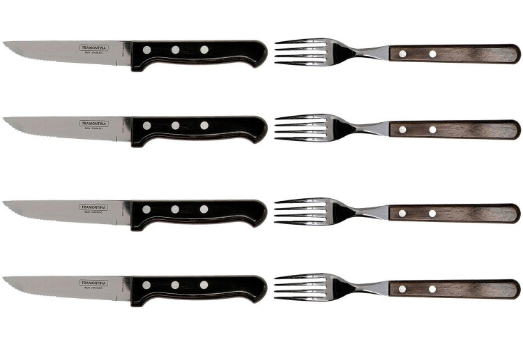 Coffret de 4 couteaux &agrave; steak lame crant&eacute;e + 4 fourchettes Tramontina Gaucho