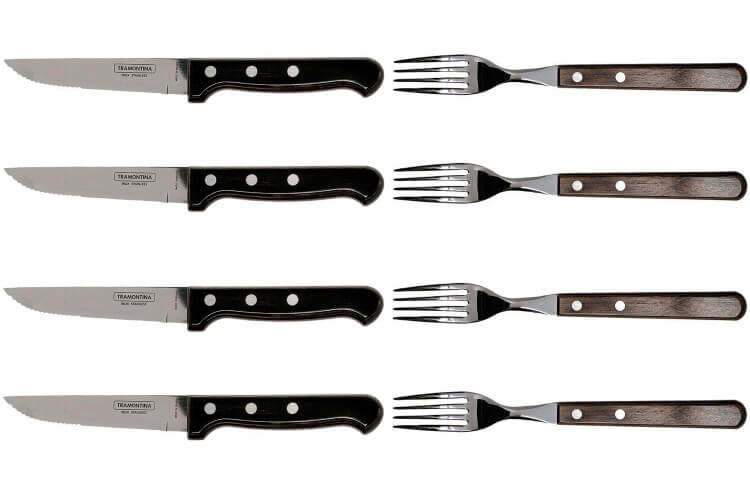 Coffret de 4 couteaux à steak lame crantée + 4 fourchettes Tramontina Gaucho