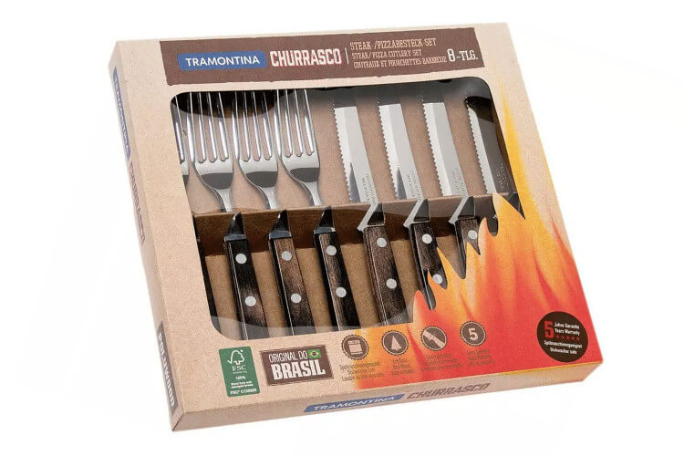 Coffret de 4 couteaux à steak lame crantée + 4 fourchettes Tramontina Churrasco