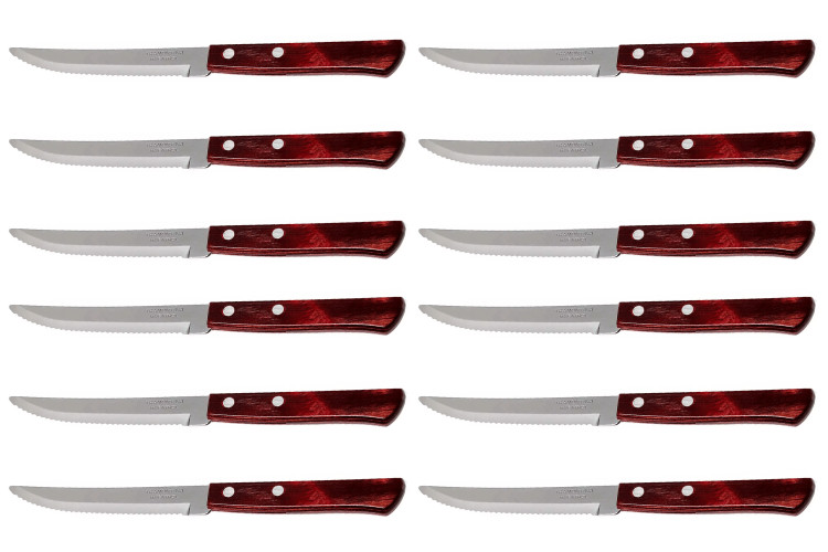 Set de 12 couteaux &agrave; steak Tramontina lame crant&eacute;e pointe arrondie manche rouge