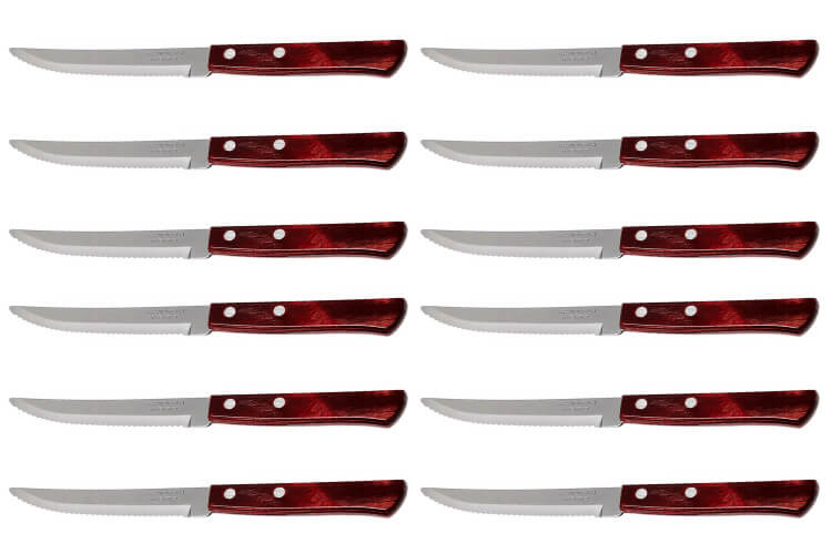 Set de 12 couteaux à steak Tramontina lame crantée pointe arrondie manche rouge