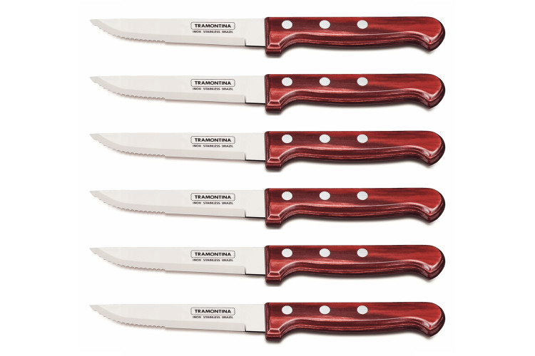 Set de 6 couteaux &agrave; steak effil&eacute;s 13cm Tramontina Gaucho manche rouge