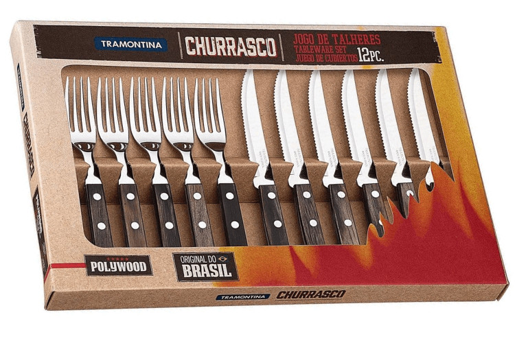 Coffret 6 couteaux &agrave; steak lame crant&eacute;e + 6 fourchettes Tramontina Churrasco manche marron