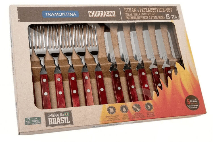 Coffret 6 couteaux à steak lame crantée + 6 fourchettes Tramontina Churrasco manche rouge