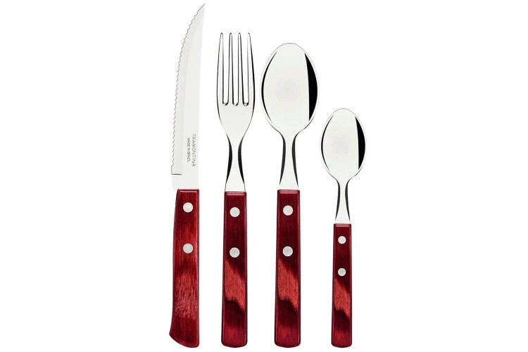M&eacute;nag&egrave;re 24 couverts de table Tramontina en inox et bois rouge