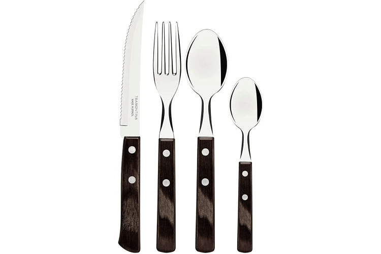 M&eacute;nag&egrave;re 24 couverts de table Tramontina en inox et bois marron