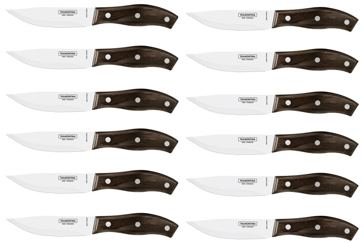 Set de 12 couteaux &agrave; steak Tramontina Jumbo lame 13cm manche bois marron
