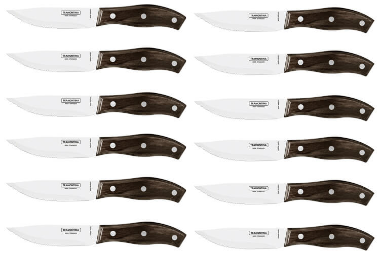 Set de 12 couteaux à steak Tramontina Jumbo lame 13cm manche bois marron