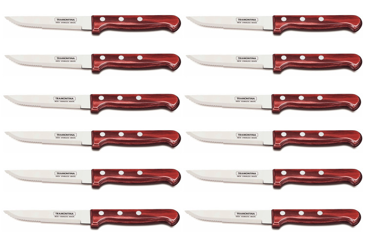 Set de 12 couteaux &agrave; steak Tramontina Gaucho lame 13cm manche rouge