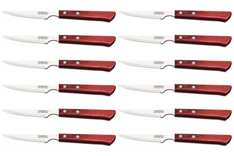 Set de 12 couteaux &agrave; steak Tramontina lame crant&eacute;e 10cm manche rouge
