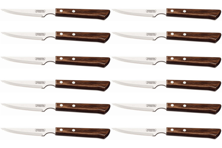 Set de 12 couteaux &agrave; steak Tramontina lame crant&eacute;e 10cm manche marron