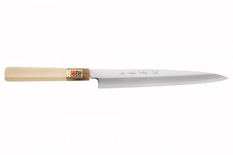 Couteau yanagiba japonais artisanal Kasahara Shigehiro forg&eacute; par Yoshikazu Ikeda 21cm