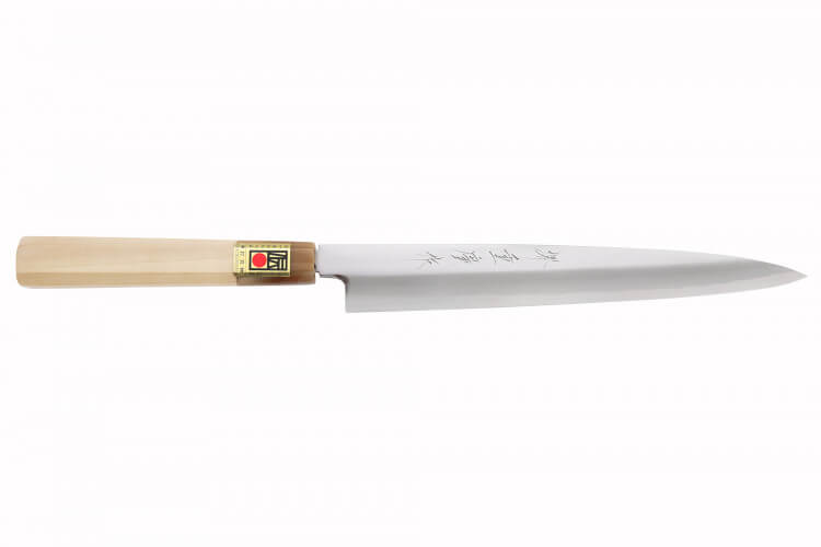 Couteau yanagiba japonais artisanal Kasahara Shigehiro forgé par Yoshikazu Ikeda 21cm