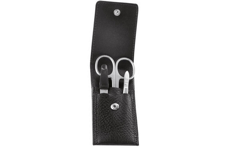 Kit de manucure Dovo 3 pi&egrave;ces en acier inox avec &eacute;tui en cuir noir