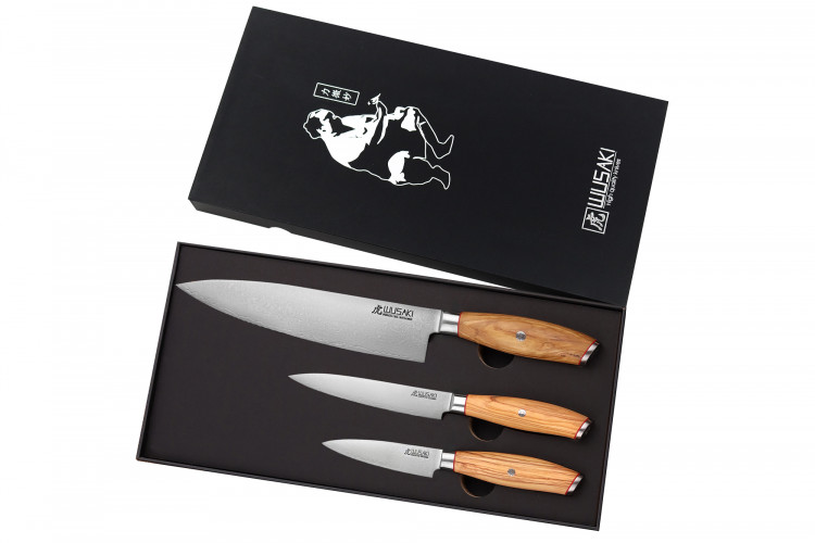 Coffret 3 couteaux Wusaki 10CR damas Chef + Office + Universel