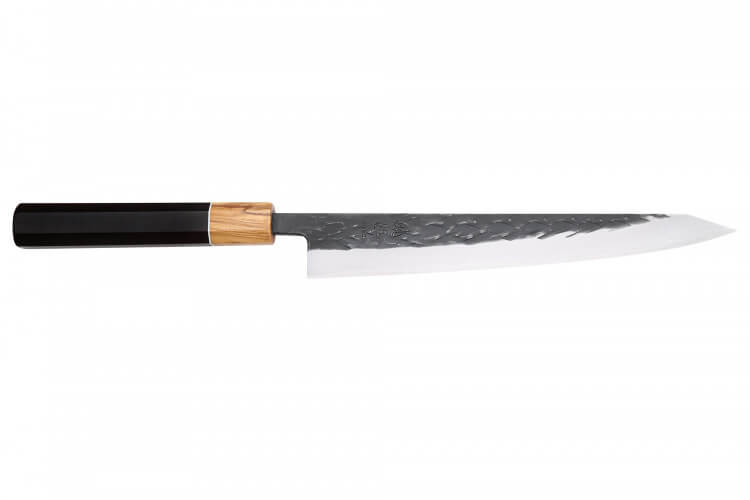 Couteau sujihiki 24cm japonais artisanal Yuzo Black SLD ébène et olivier