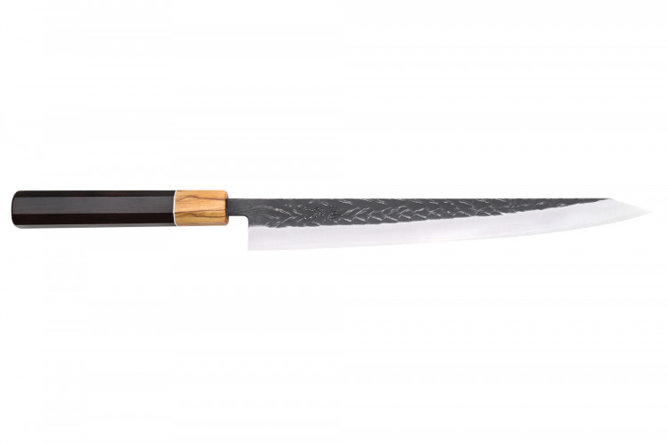 Couteau sujihiki 27cm japonais artisanal Yuzo Black SLD &eacute;b&egrave;ne et olivier