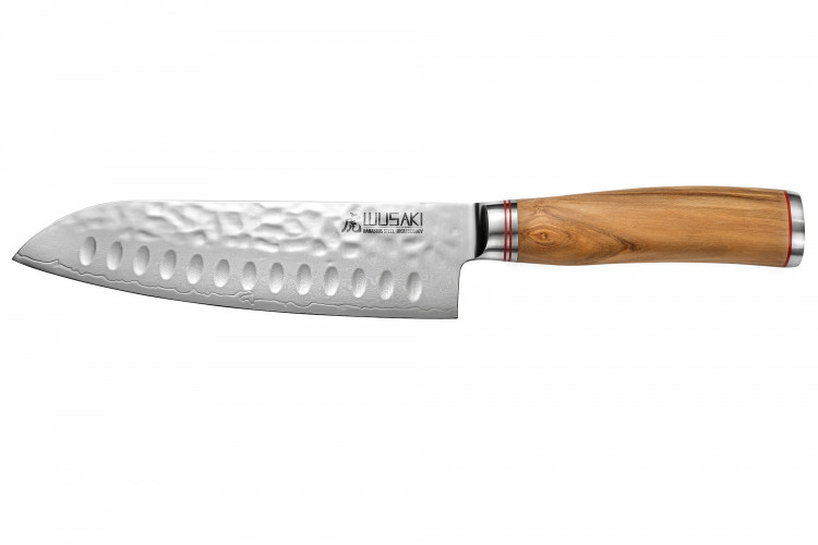 Couteau santoku Wusaki Damas 10Cr alv&eacute;ol&eacute; 18cm manche en olivier