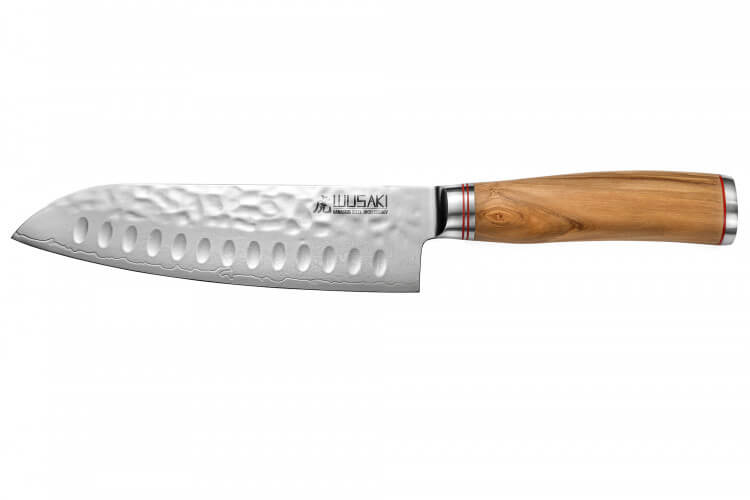 Couteau santoku Wusaki Damas 10Cr alvéolé 18cm manche en olivier