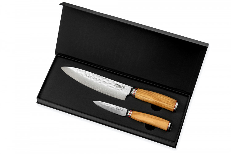 Coffret de 2 couteaux Wusaki Damas 10Cr manches en olivier Chef + Office