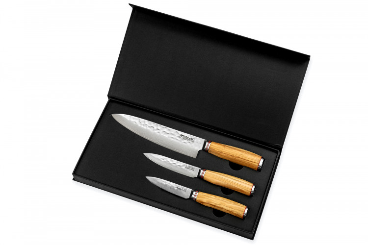Coffret 3 couteaux Wusaki Damas 10Cr olivier Chef + Universel + Office