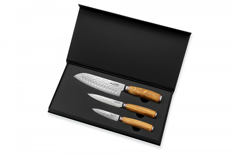 Coffret 3 couteaux Wusaki Damas 10Cr olivier Santoku + Universel + Office
