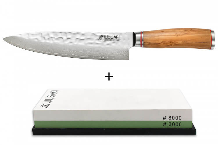 Pack Couteau de chef Wusaki Damas 10cr 20cm + Pierre à aiguiser 3000/8000