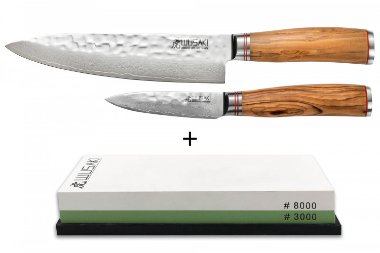 Pack Wusaki 2 couteaux Damas 10Cr Chef + Office + Pierre &agrave; aiguiser 3000/8000