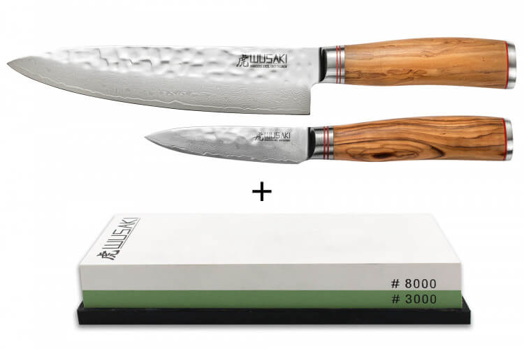 Pack Wusaki 2 couteaux Damas 10Cr Chef + Office + Pierre à aiguiser 3000/8000