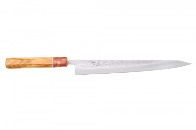 Couteau sujihiki 27cm japonais artisanal Yuzo SLD olivier et cognassier