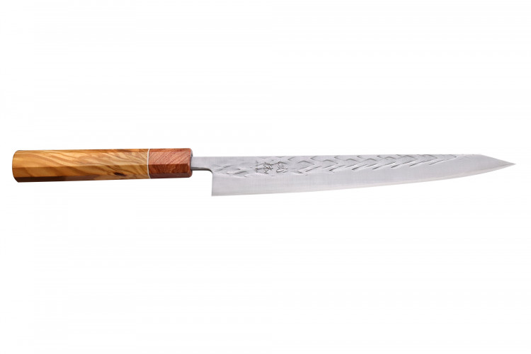 Couteau sujihiki 24cm japonais artisanal Yuzo SLD olivier et cognassier