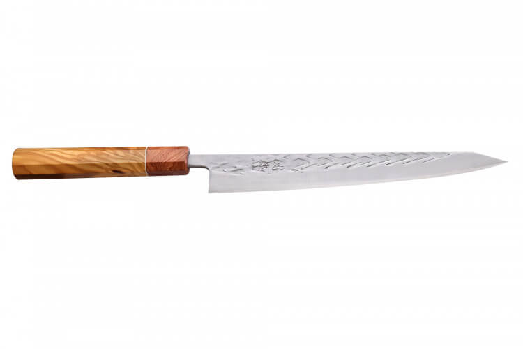 Couteau sujihiki 24cm japonais artisanal Yuzo SLD olivier et cognassier