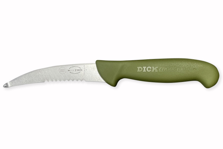 Couteau &agrave; &eacute;visc&eacute;rer Dick Ergogrip lame courb&eacute;e 15cm manche vert olive
