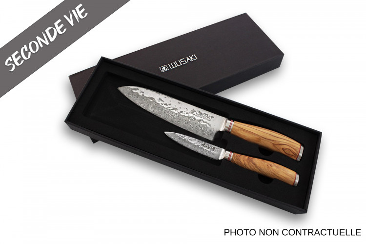 Coffret de 2 couteaux Wusaki Damas VG10 manches en olivier Santoku + Office - Reconditionn&eacute;